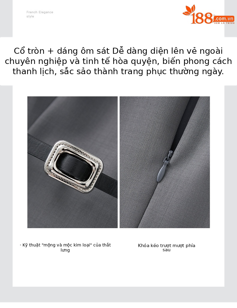 Đầm công sở cổ tròn tay dài chữ A thanh lịch — Tay áo dài - màu xám chi tiết 5