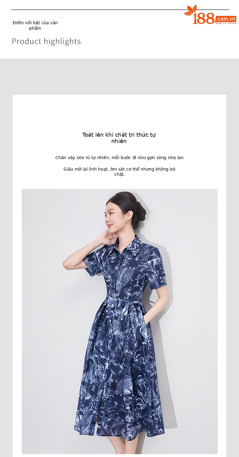 Váy sơ mi in hoa cổ bẻ khí chất đi làm cao cấp dáng maxi thắt eo — Màu xanh lam chi tiết 4