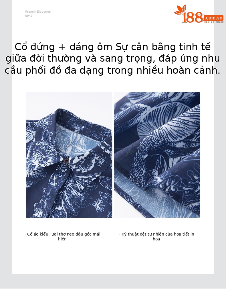 Váy sơ mi in hoa cổ bẻ khí chất đi làm cao cấp dáng maxi thắt eo — Màu xanh lam chi tiết 5