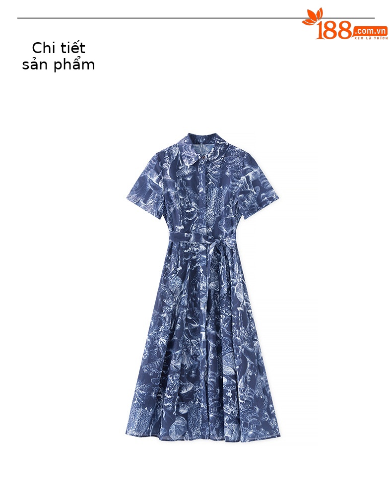 Váy sơ mi in hoa cổ bẻ khí chất đi làm cao cấp dáng maxi thắt eo — Màu xanh lam chi tiết 10