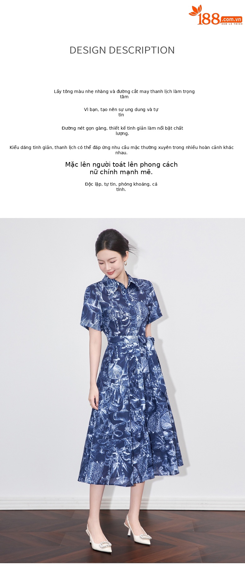 Váy sơ mi in hoa cổ bẻ khí chất đi làm cao cấp dáng maxi thắt eo — Màu xanh lam chi tiết 2