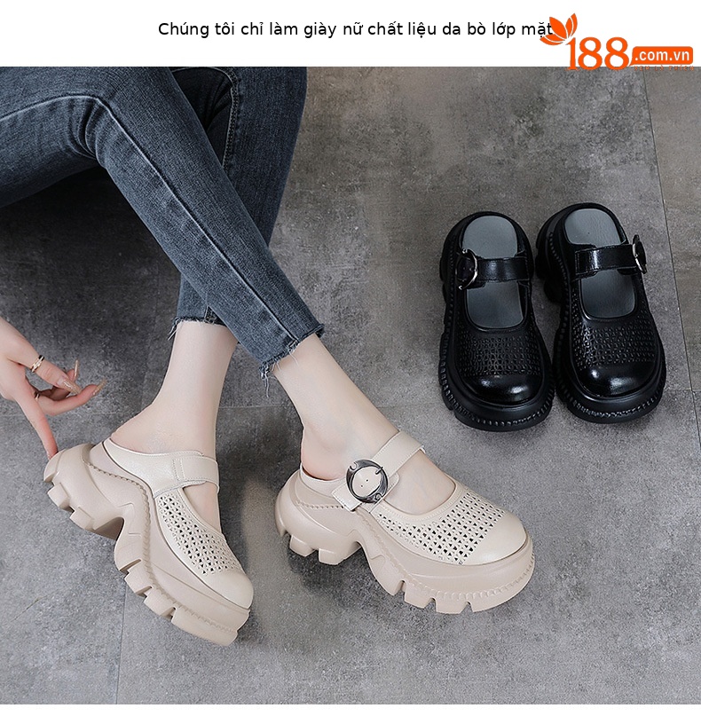 Dép lê quai ngang bít mũi khoét rỗng da bò thật, đế dày độn nhẹ — Màu đen chi tiết 2