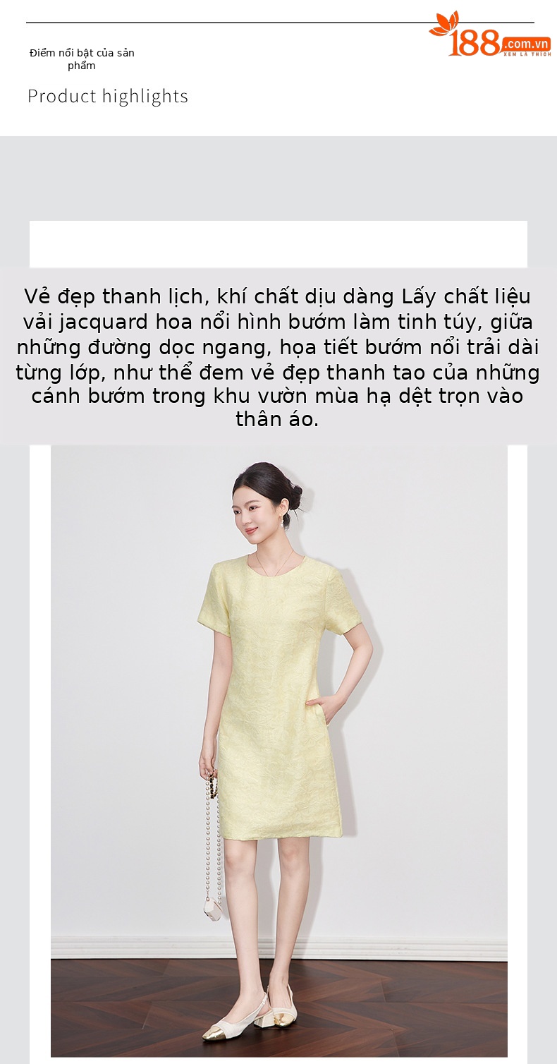 Váy maxi nữ thắt eo họa tiết bướm dập nổi jacquard — Màu hồng chi tiết 4