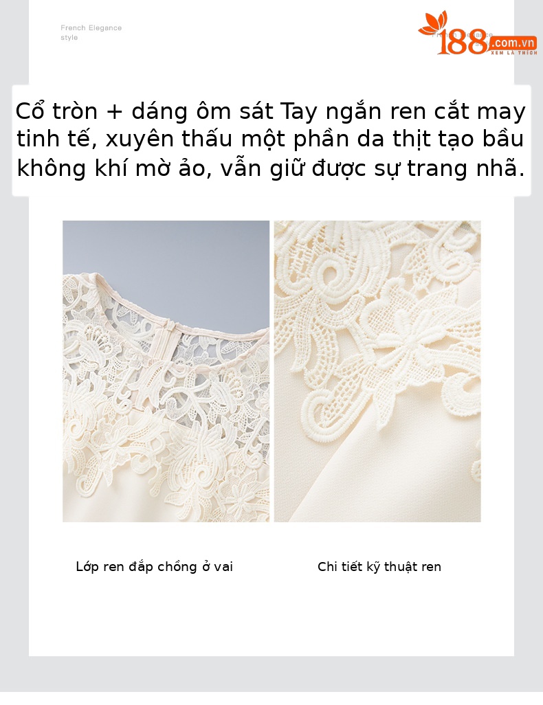 Đầm chữ A nữ thiết kế ren thêu họa tiết hoa nổi — đen chi tiết 5