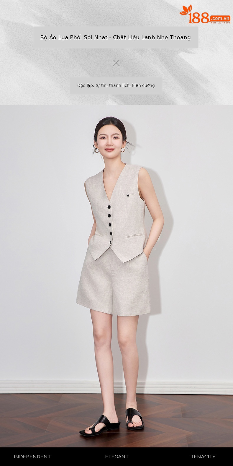 Bộ vest nữ cổ chữ V hai mảnh vải lanh đi làm mùa hè — Màu mơ chi tiết 1