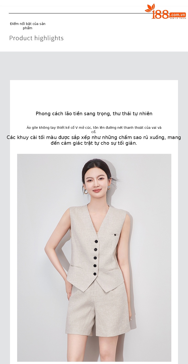 Bộ vest nữ cổ chữ V hai mảnh vải lanh đi làm mùa hè — Màu mơ chi tiết 4