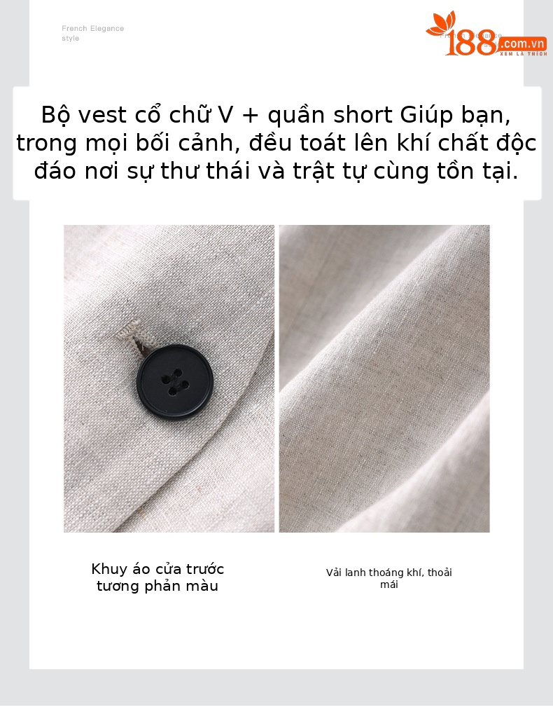 Bộ vest nữ cổ chữ V hai mảnh vải lanh đi làm mùa hè — Màu mơ chi tiết 5