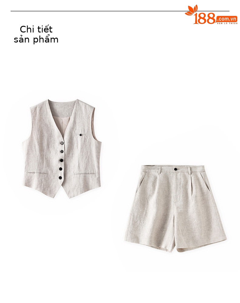 Bộ vest nữ cổ chữ V hai mảnh vải lanh đi làm mùa hè — Màu mơ chi tiết 10
