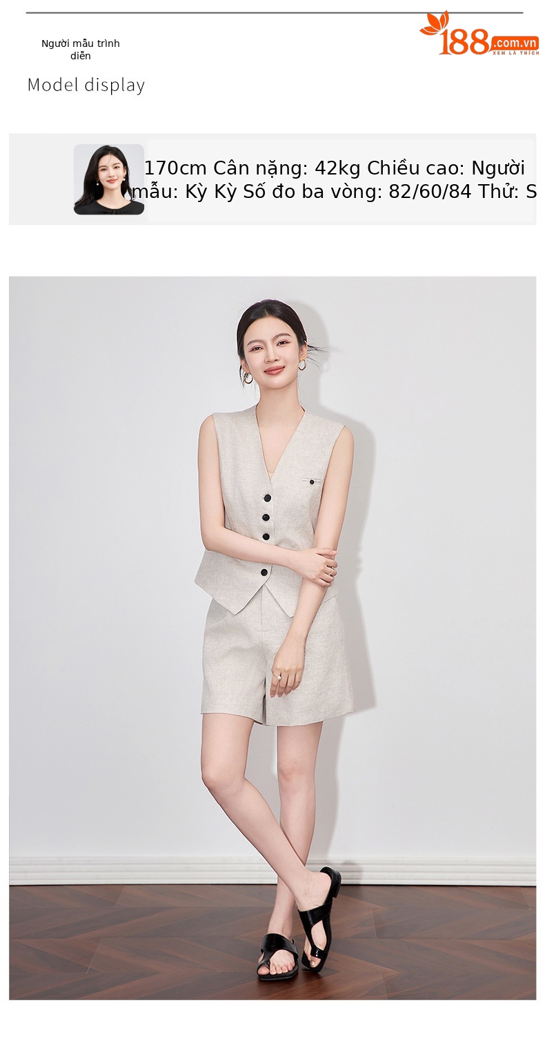 Bộ vest nữ cổ chữ V hai mảnh vải lanh đi làm mùa hè — Màu mơ chi tiết 6
