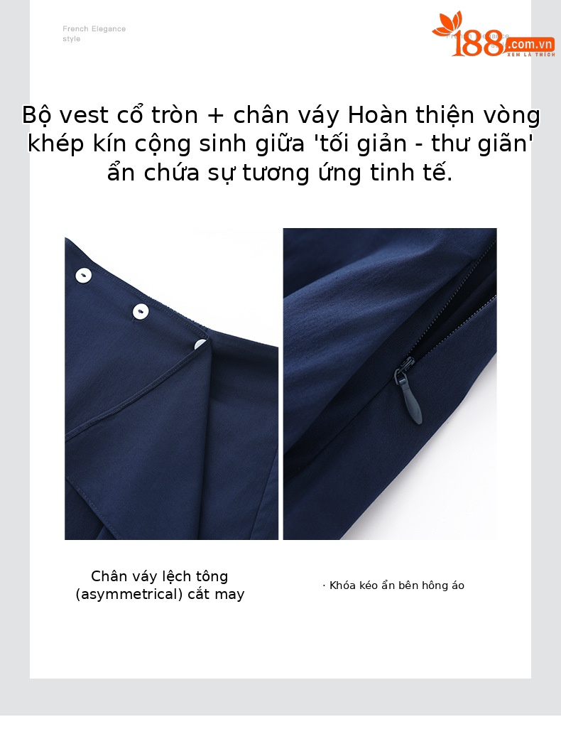 Set áo vest không tay kết hợp chân váy giả hai dáng đi làm — Màu xanh navy chi tiết 4