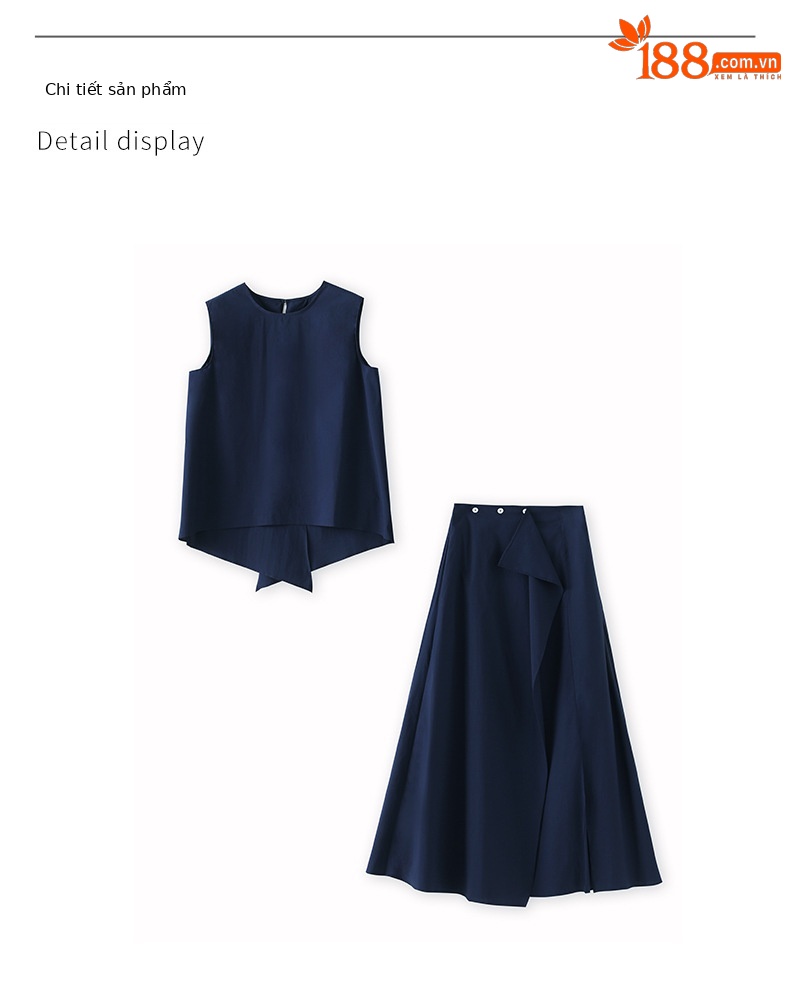 Set áo vest không tay kết hợp chân váy giả hai dáng đi làm — Màu xanh navy chi tiết 14