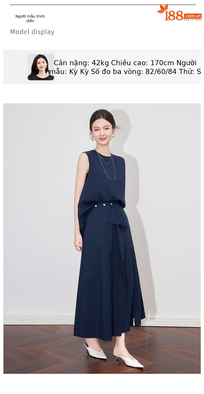 Set áo vest không tay kết hợp chân váy giả hai dáng đi làm — Màu xanh navy chi tiết 5