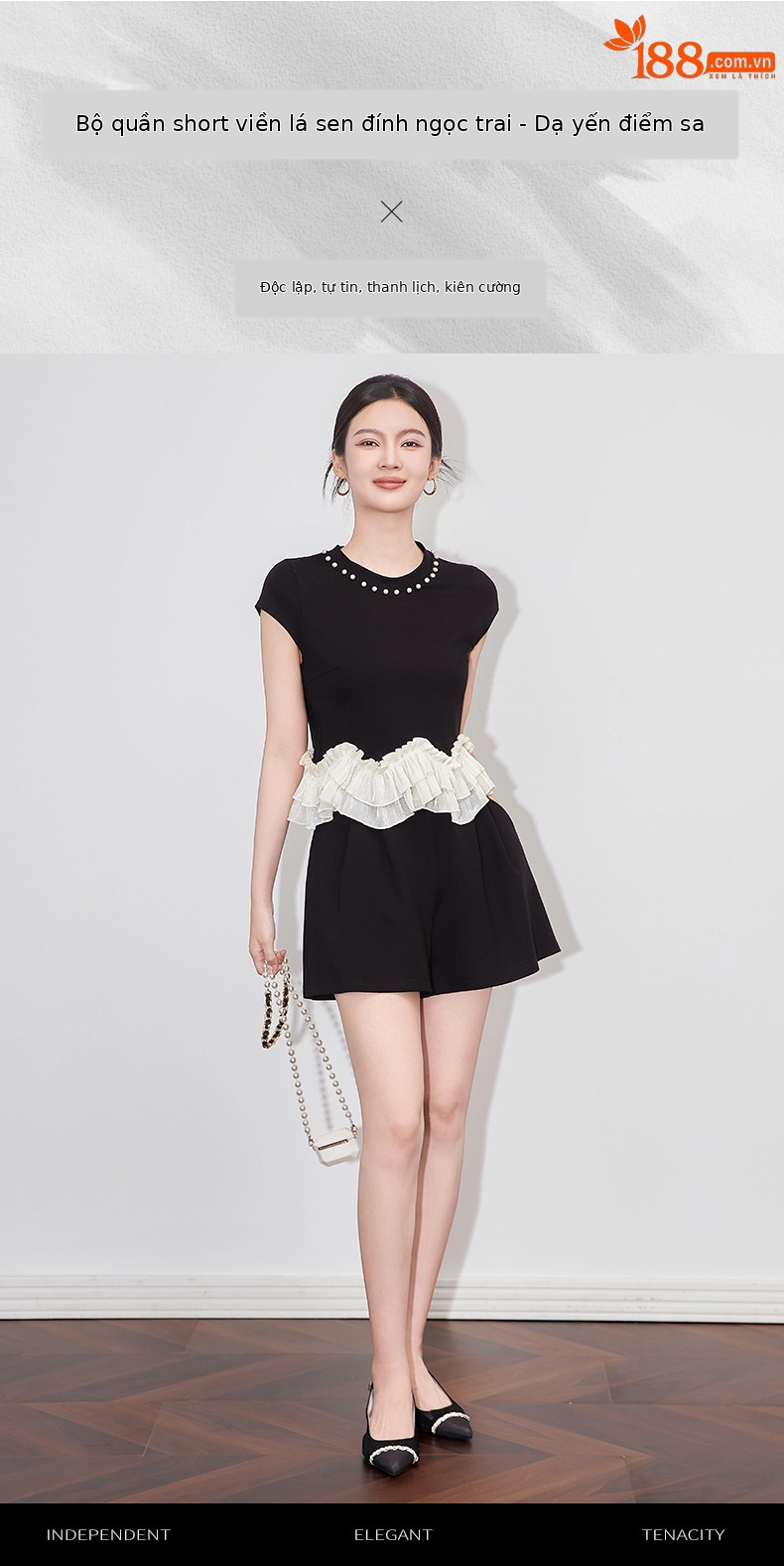 Bộ áo cổ tròn đính cườm phối tay bèo + quần short nữ mùa hè — Màu đen chi tiết 1