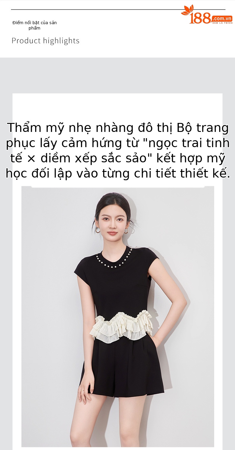 Bộ áo cổ tròn đính cườm phối tay bèo + quần short nữ mùa hè — Màu đen chi tiết 4