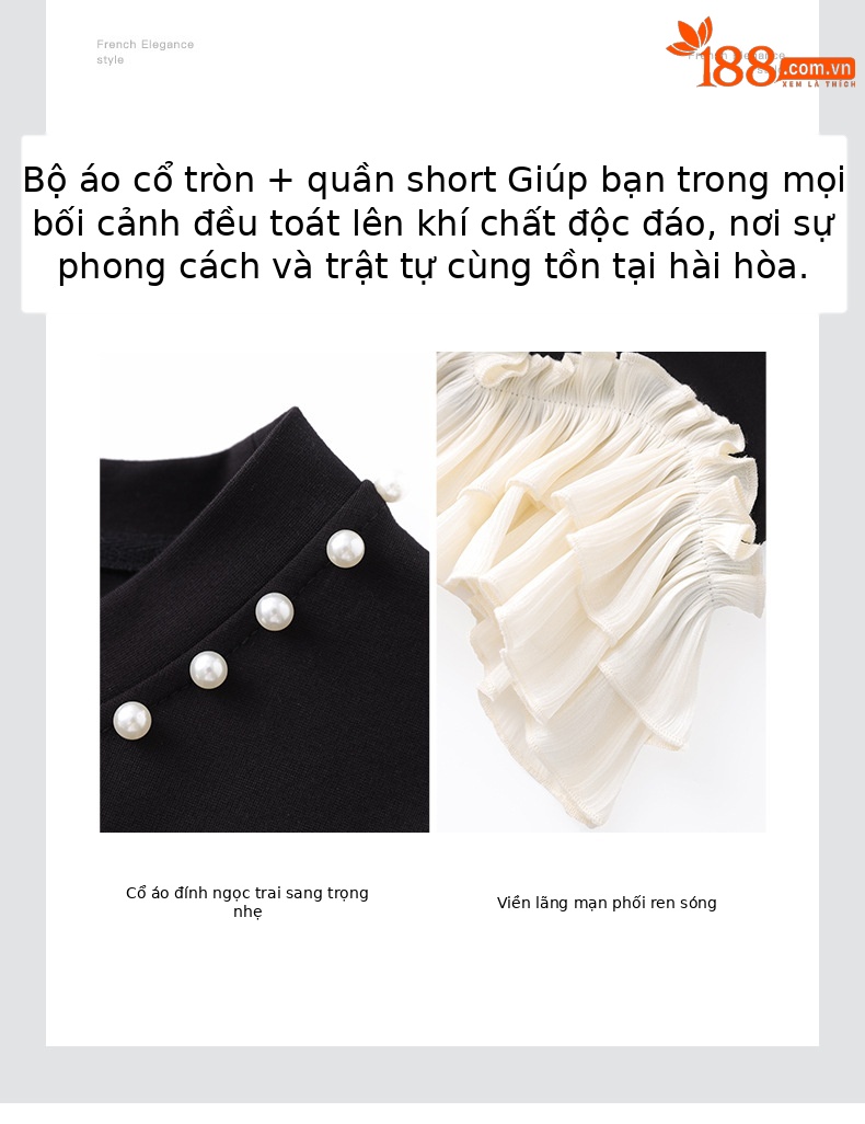 Bộ áo cổ tròn đính cườm phối tay bèo + quần short nữ mùa hè — Màu đen chi tiết 5