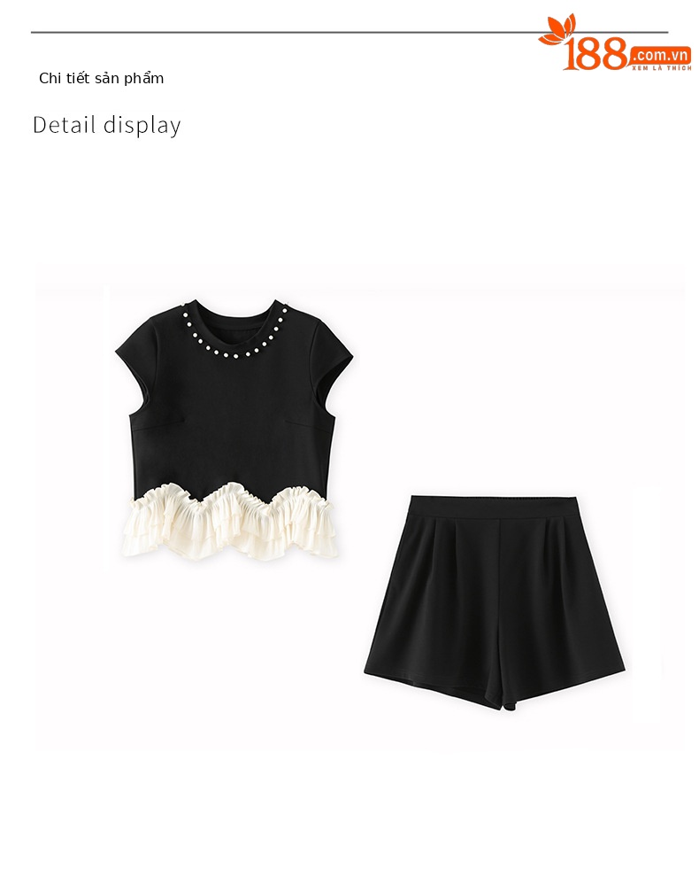 Bộ áo cổ tròn đính cườm phối tay bèo + quần short nữ mùa hè — Màu đen chi tiết 10