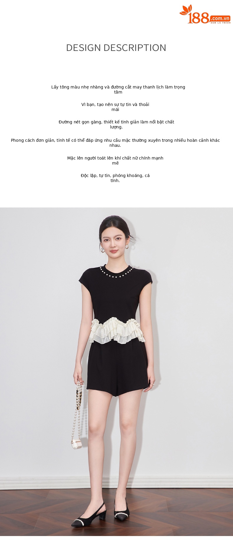 Bộ áo cổ tròn đính cườm phối tay bèo + quần short nữ mùa hè — Màu đen chi tiết 2