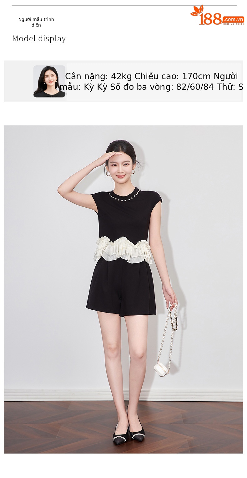 Bộ áo cổ tròn đính cườm phối tay bèo + quần short nữ mùa hè — Màu đen chi tiết 6