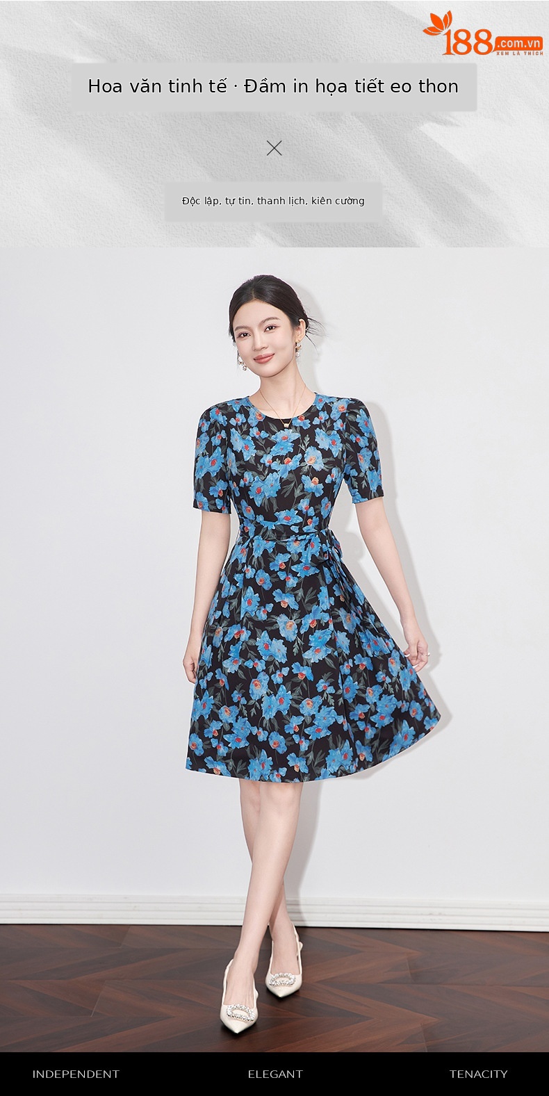 Đầm maxi nữ in họa tiết thắt eo dây buộc phong cách nghỉ dưỡng — Màu xanh lam chi tiết 1
