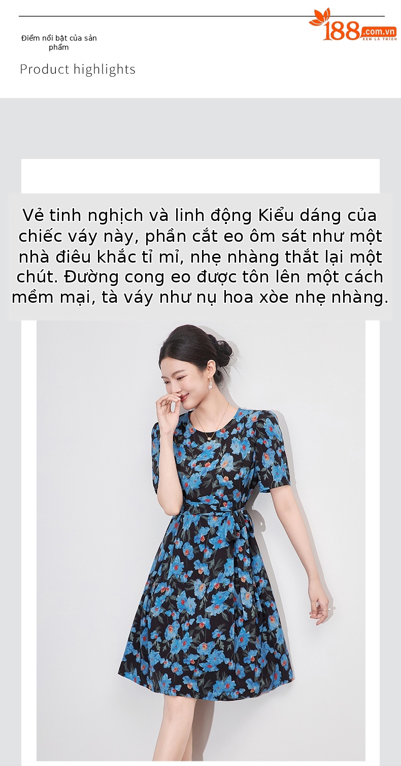 Đầm maxi nữ in họa tiết thắt eo dây buộc phong cách nghỉ dưỡng — Màu xanh lam chi tiết 4
