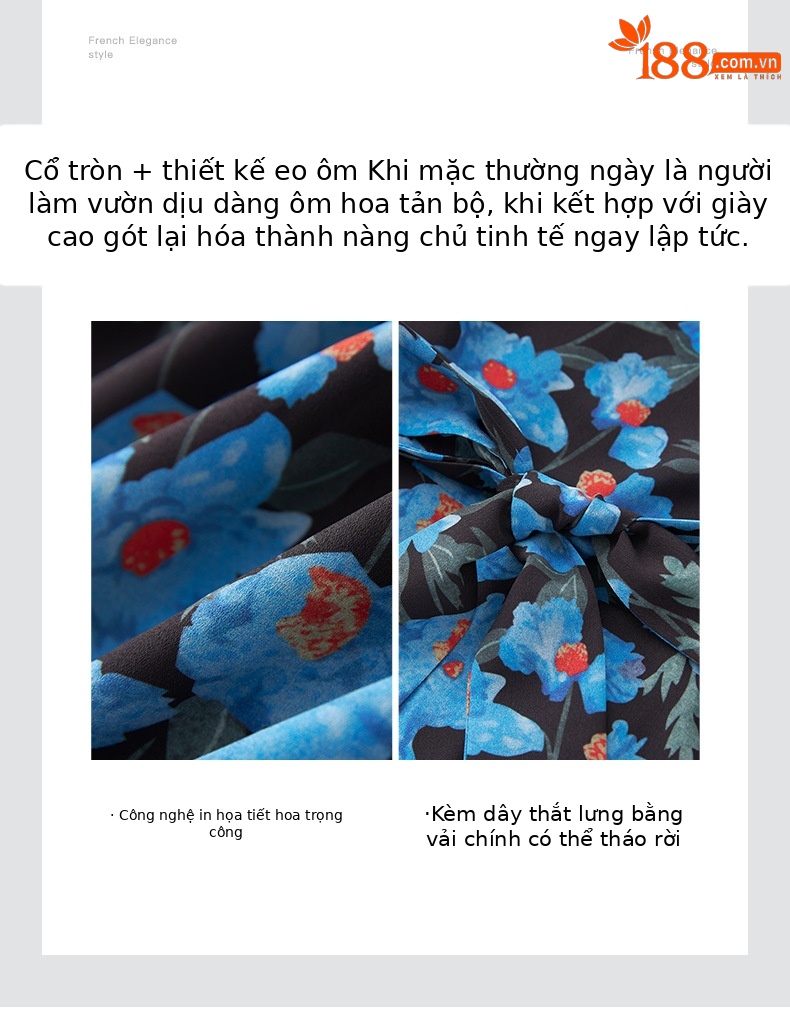 Đầm maxi nữ in họa tiết thắt eo dây buộc phong cách nghỉ dưỡng — Màu xanh lam chi tiết 5