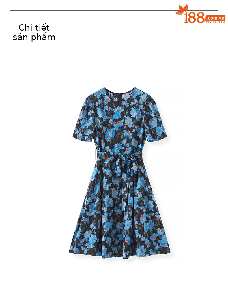 Đầm maxi nữ in họa tiết thắt eo dây buộc phong cách nghỉ dưỡng — Màu xanh lam chi tiết 10
