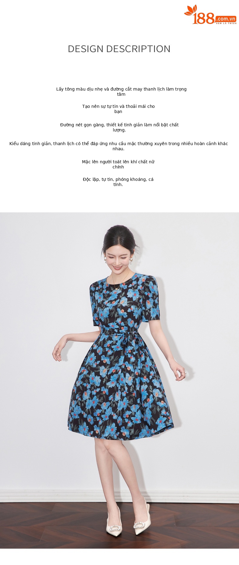 Đầm maxi nữ in họa tiết thắt eo dây buộc phong cách nghỉ dưỡng — Màu xanh lam chi tiết 2