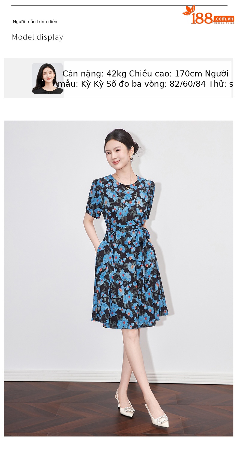 Đầm maxi nữ in họa tiết thắt eo dây buộc phong cách nghỉ dưỡng — Màu xanh lam chi tiết 6