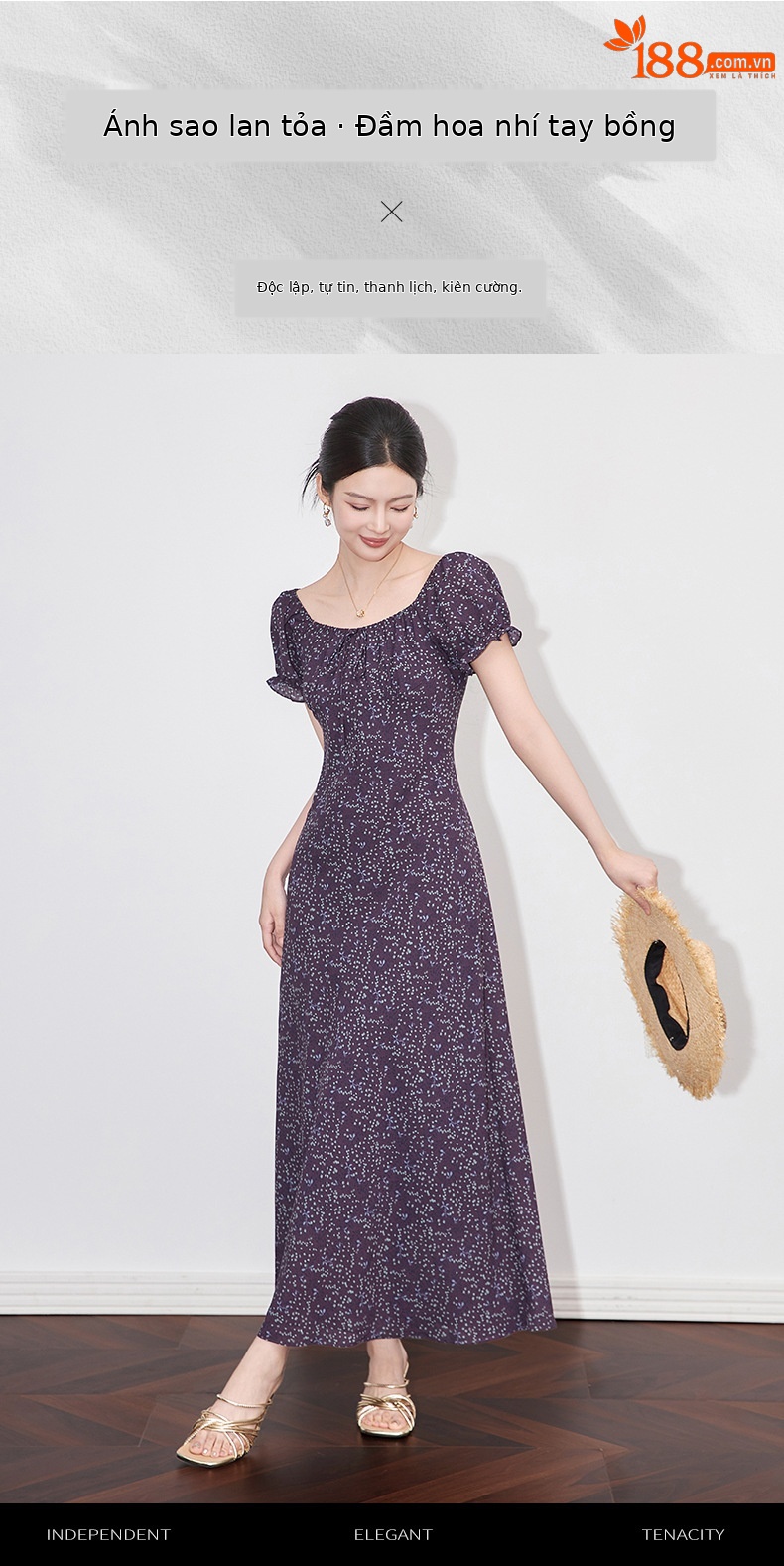 Váy liền maxi nữ phong cách Pháp cổ ren in hoa thắt eo — Màu xanh lam chi tiết 1