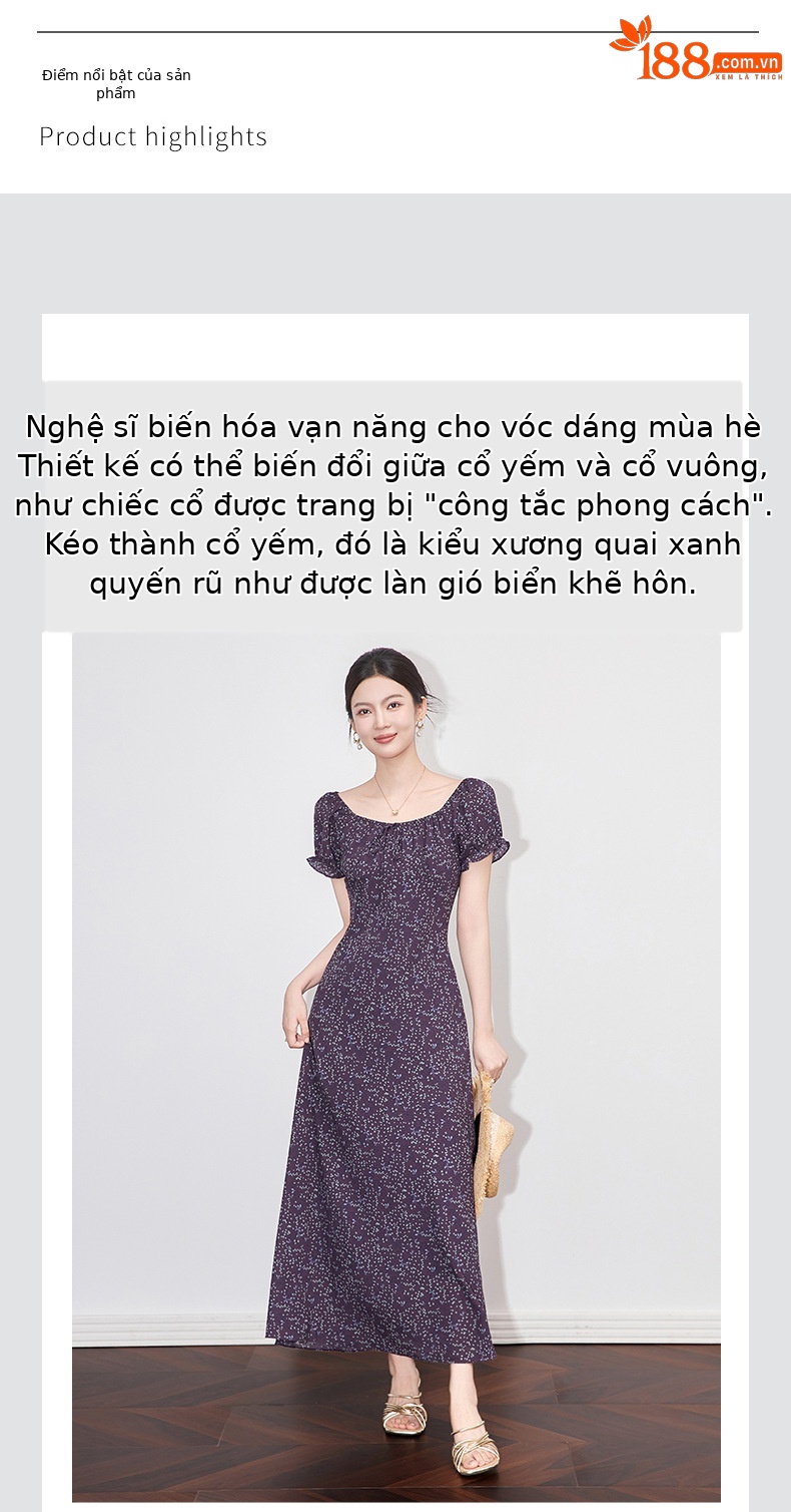Váy liền maxi nữ phong cách Pháp cổ ren in hoa thắt eo — Màu xanh lam chi tiết 4