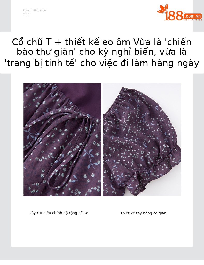 Váy liền maxi nữ phong cách Pháp cổ ren in hoa thắt eo — Màu xanh lam chi tiết 5