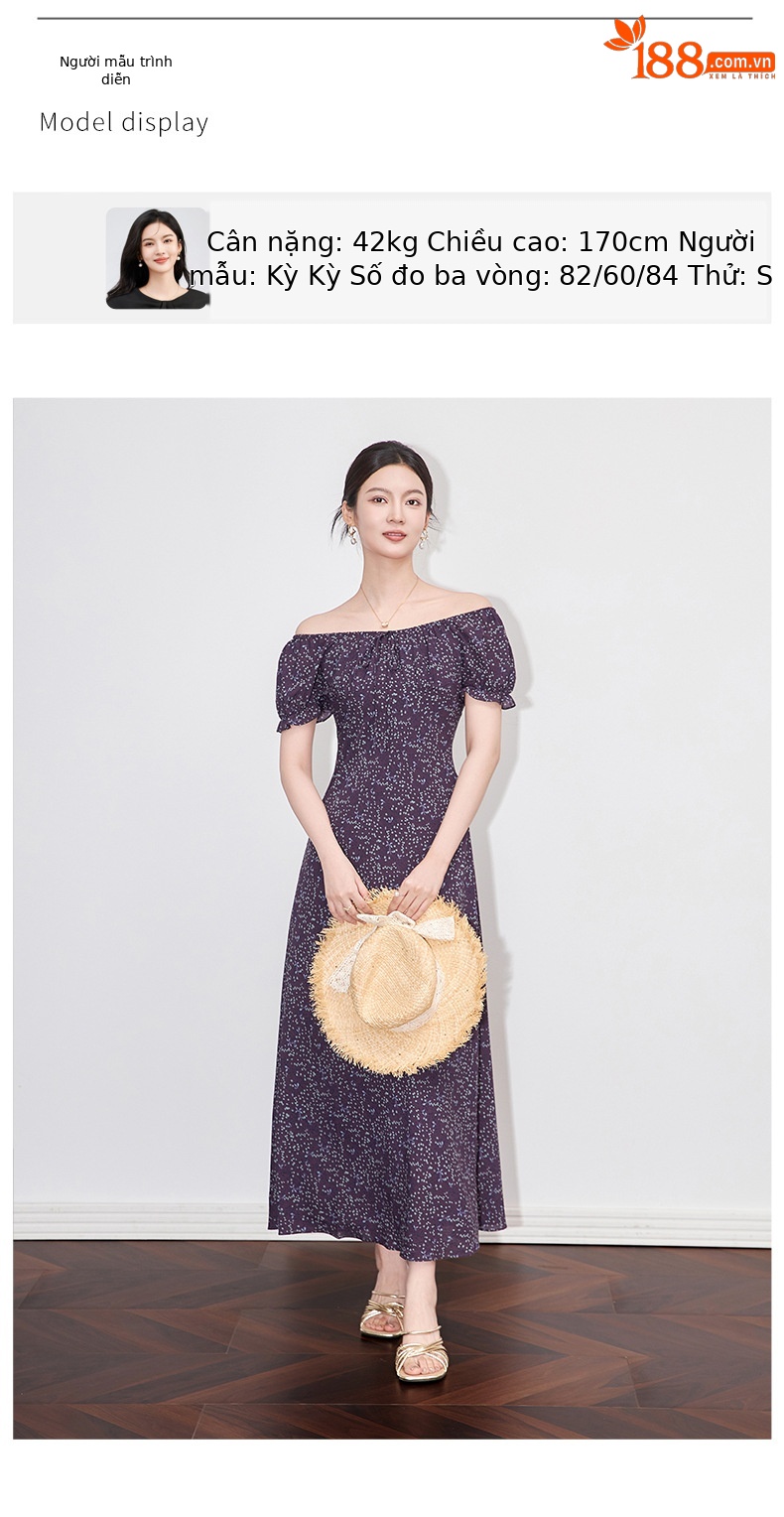 Váy liền maxi nữ phong cách Pháp cổ ren in hoa thắt eo — Màu xanh lam chi tiết 6