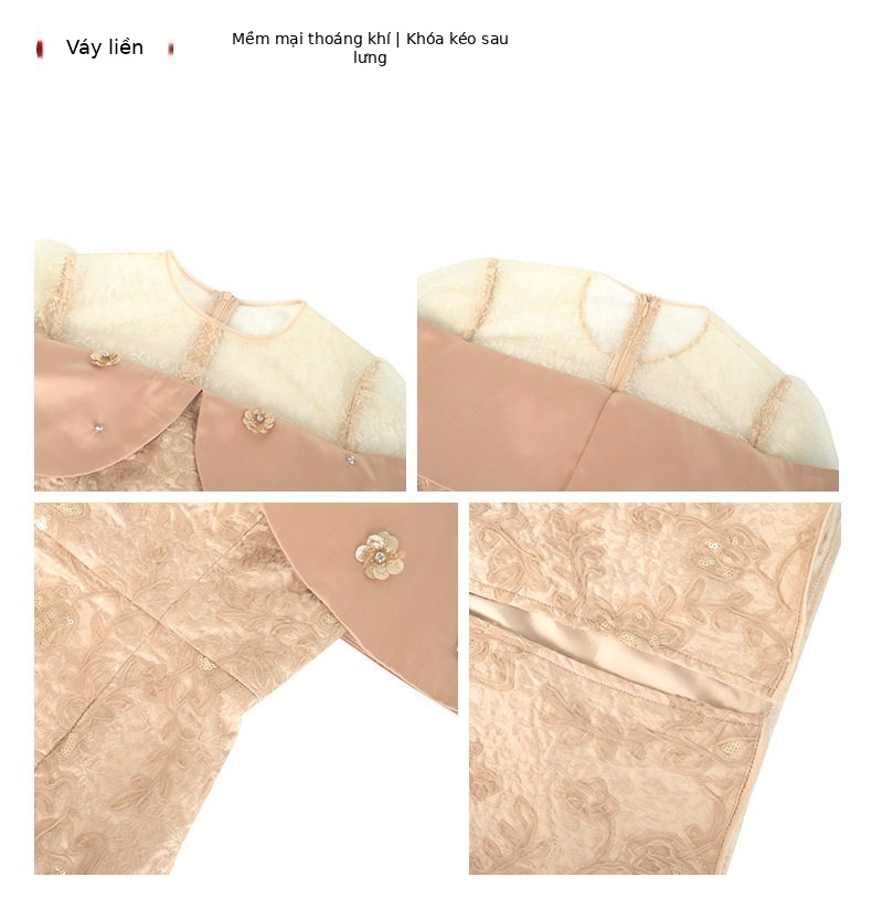 Đầm ôm body nữ dự tiệc ren tay ngắn cổ tròn cao eo — [Màu champagne] chi tiết 3