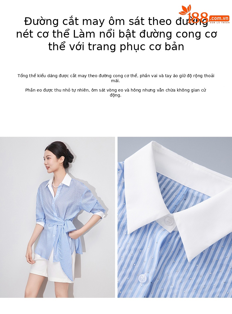 Áo sơ mi nữ dài tay thắt eo pha Tencel sọc đính đá sang trọng — Màu xanh lam chi tiết 6