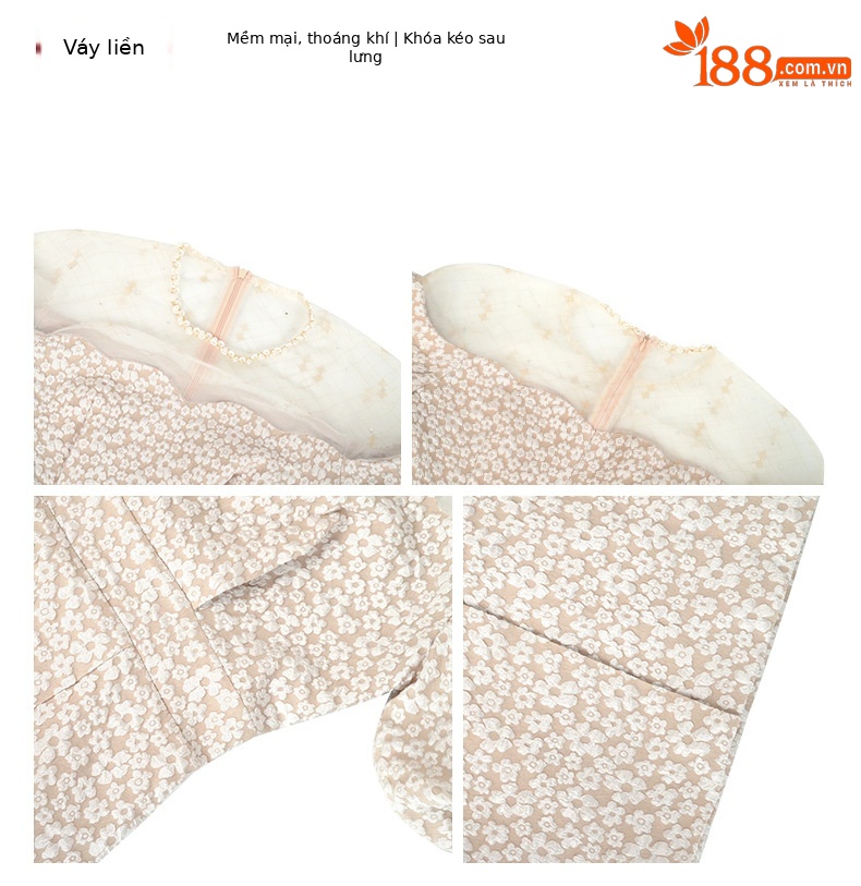 Đầm nữ mùa hè phong cách Pháp cổ lệch vai tay phồng ôm hông — màu bột yến mạch chi tiết 2