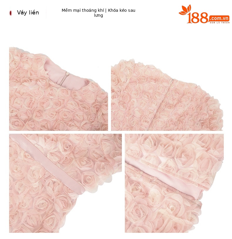 Đầm suông nữ midi cổ tròn tay phồng cánh hoa phong cách Pháp — Màu hồng cam chi tiết 2