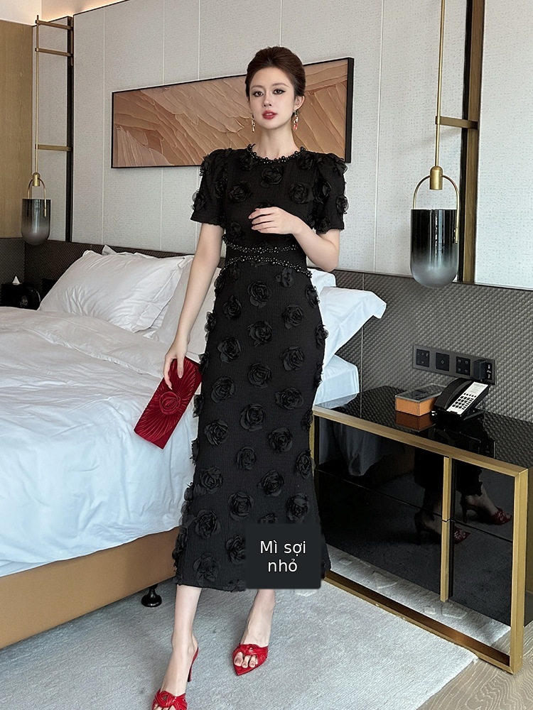 Đầm ôm body nữ cổ tròn tay bồng dáng dài phong cách Pháp họa tiết hoa — [Đen]