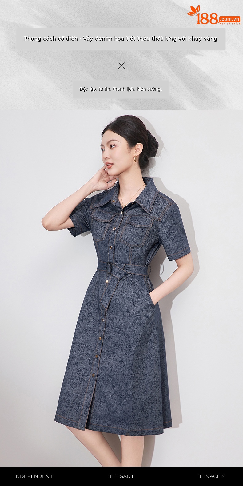 Váy liền denim jacquard cổ điển dáng dài vừa thắt eo tôn dáng — Màu xanh đậm chi tiết 1