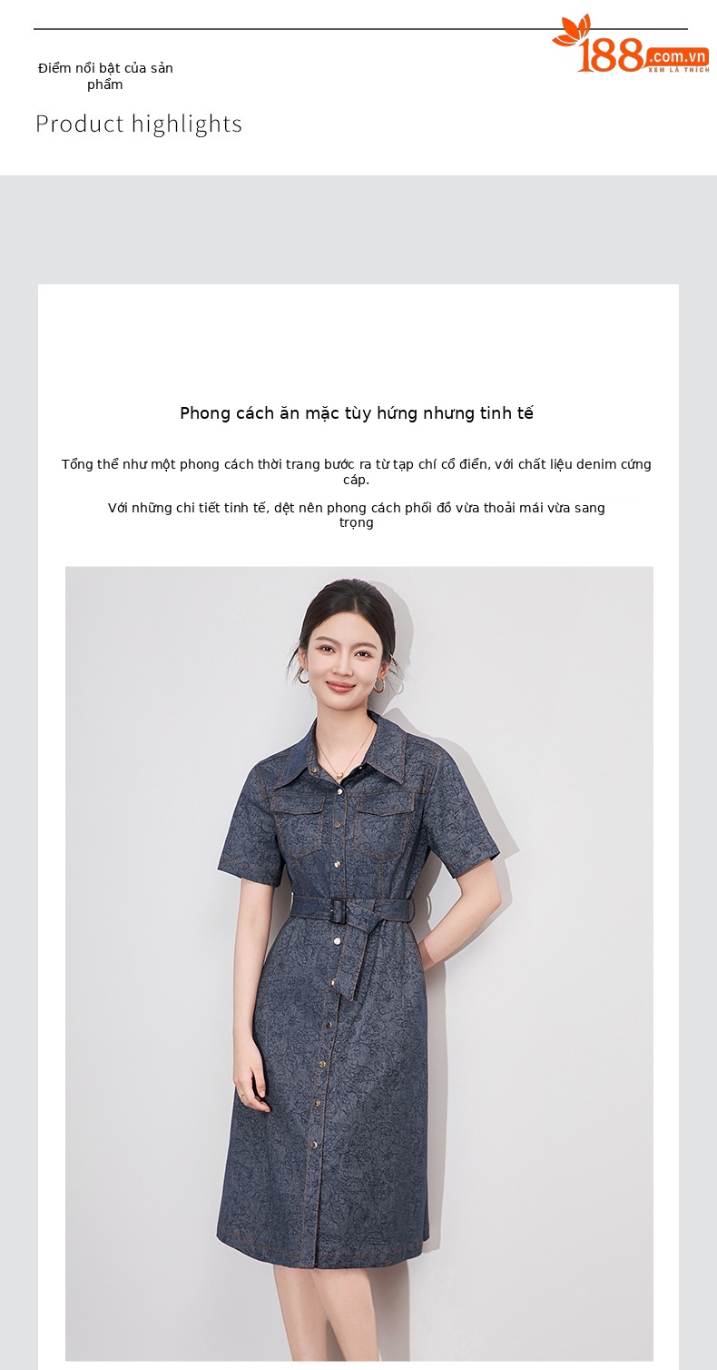 Váy liền denim jacquard cổ điển dáng dài vừa thắt eo tôn dáng — Màu xanh đậm chi tiết 4