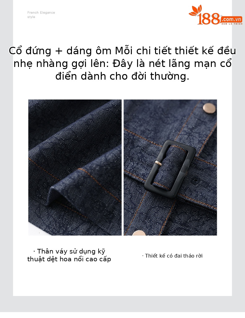Váy liền denim jacquard cổ điển dáng dài vừa thắt eo tôn dáng — Màu xanh đậm chi tiết 5