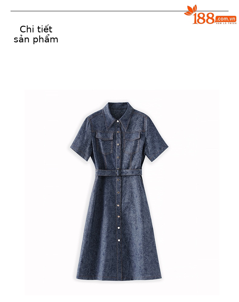 Váy liền denim jacquard cổ điển dáng dài vừa thắt eo tôn dáng — Màu xanh đậm chi tiết 10