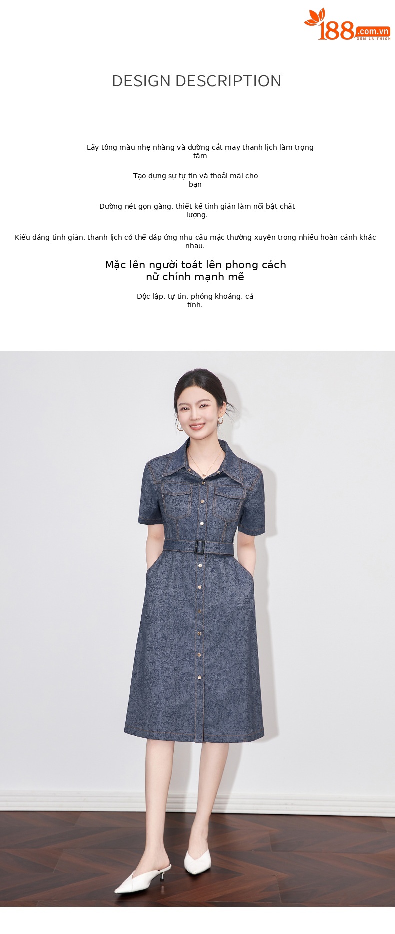 Váy liền denim jacquard cổ điển dáng dài vừa thắt eo tôn dáng — Màu xanh đậm chi tiết 2
