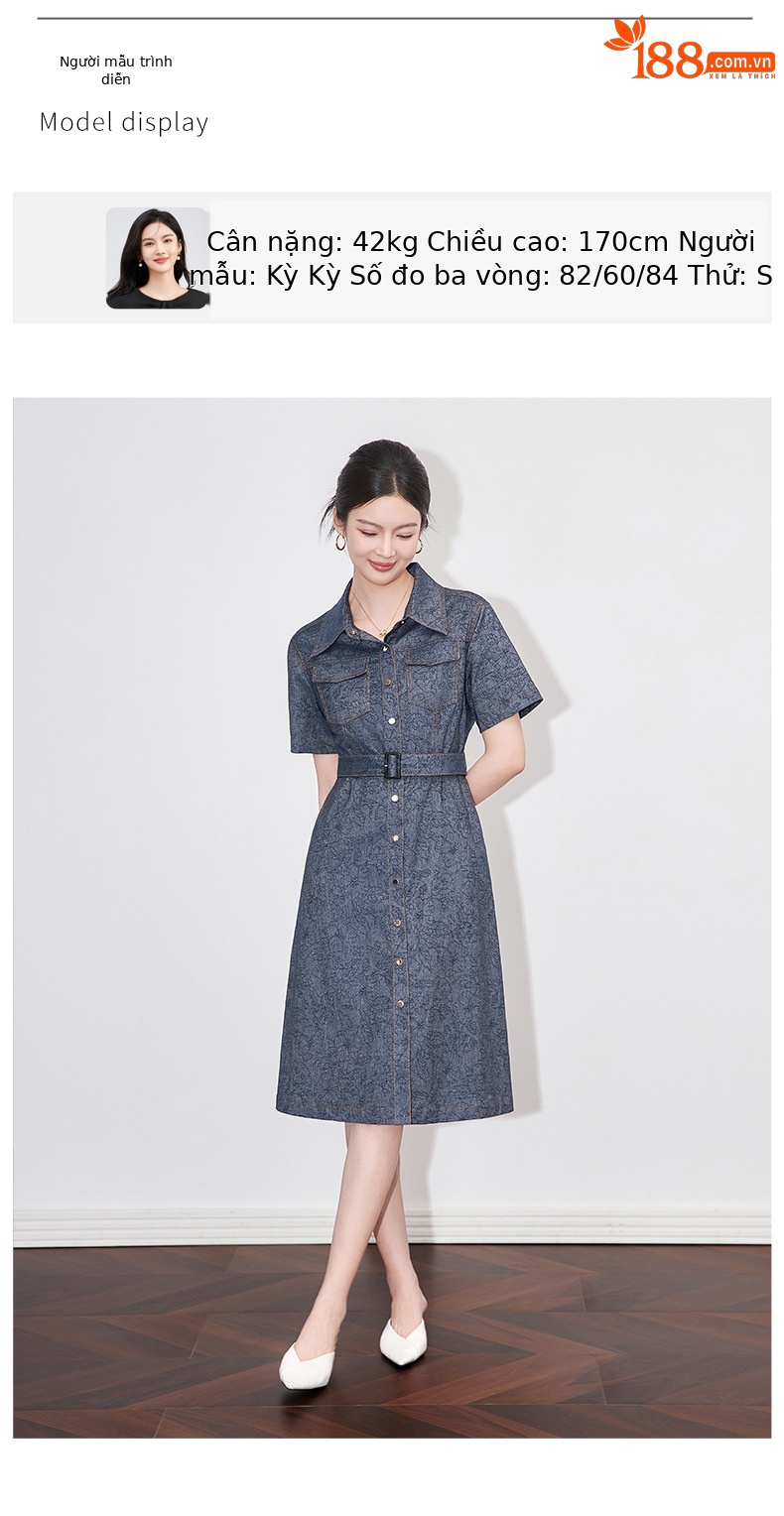 Váy liền denim jacquard cổ điển dáng dài vừa thắt eo tôn dáng — Màu xanh đậm chi tiết 6