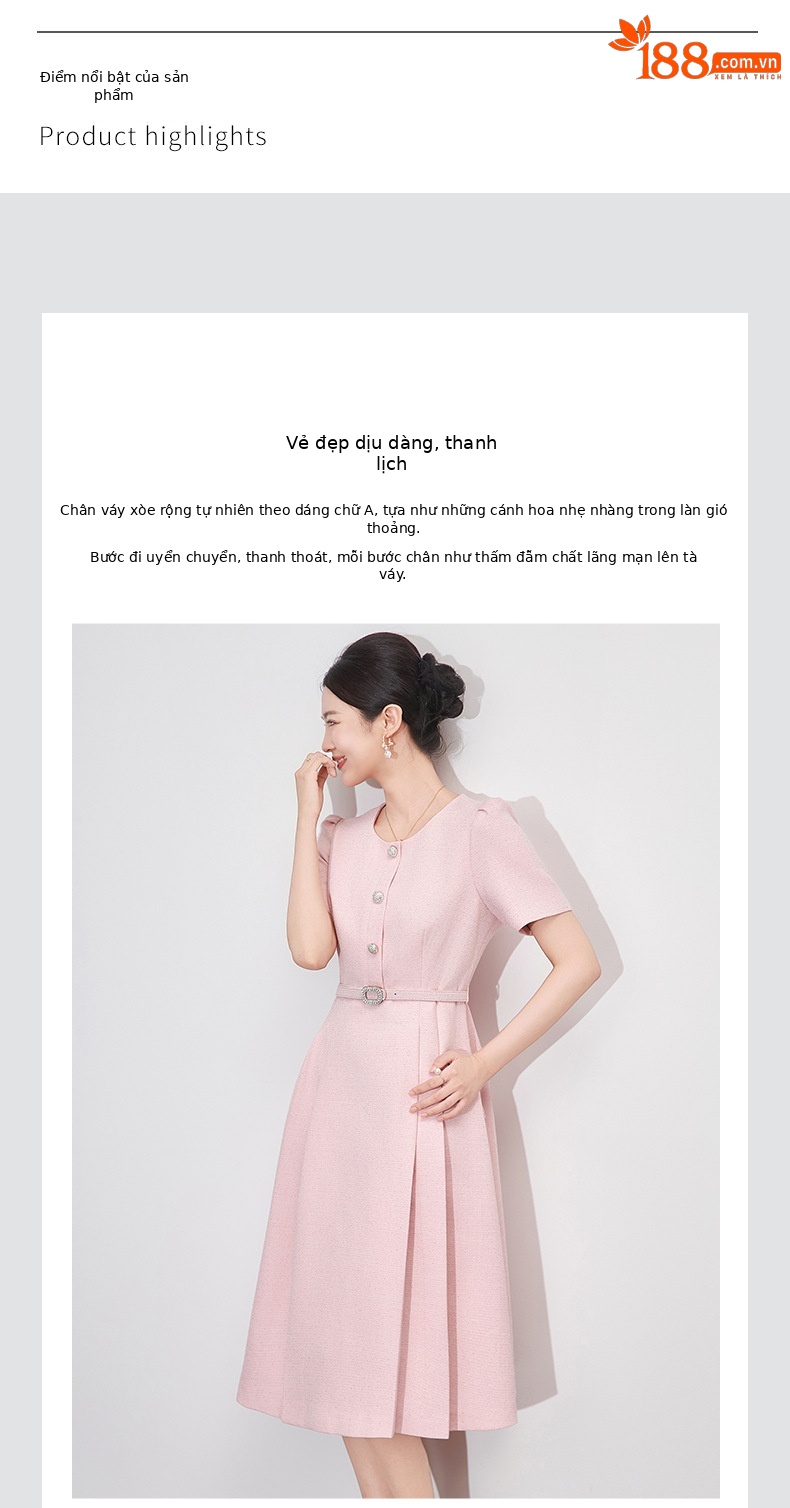 Váy chữ A cổ tròn nút kim cương thanh lịch eo thon phong cách mùa hè — màu hồng chi tiết 4