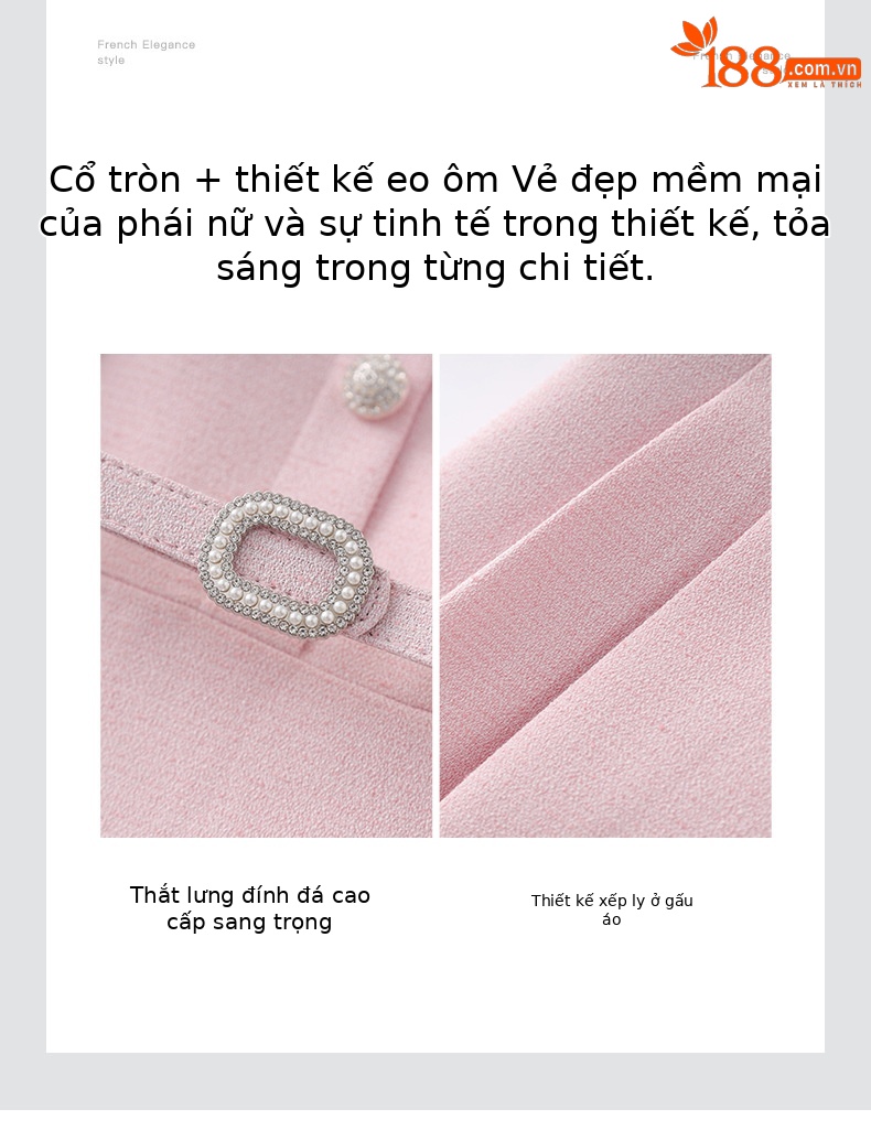 Váy chữ A cổ tròn nút kim cương thanh lịch eo thon phong cách mùa hè — màu hồng chi tiết 5
