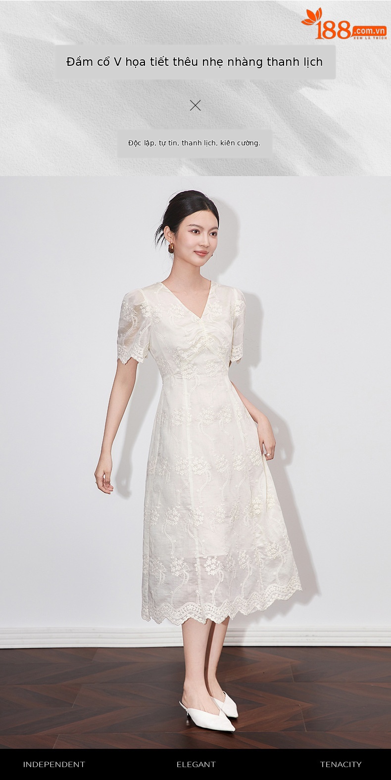 Đầm maxi nữ cổ chữ V thêu ren Tencel dáng dài mùa hè — Màu trắng chi tiết 1