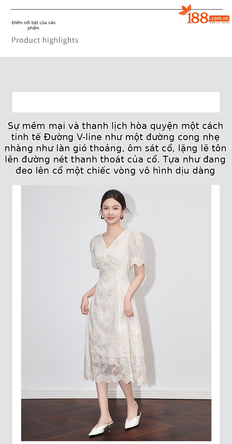 Đầm maxi nữ cổ chữ V thêu ren Tencel dáng dài mùa hè — Màu trắng chi tiết 4
