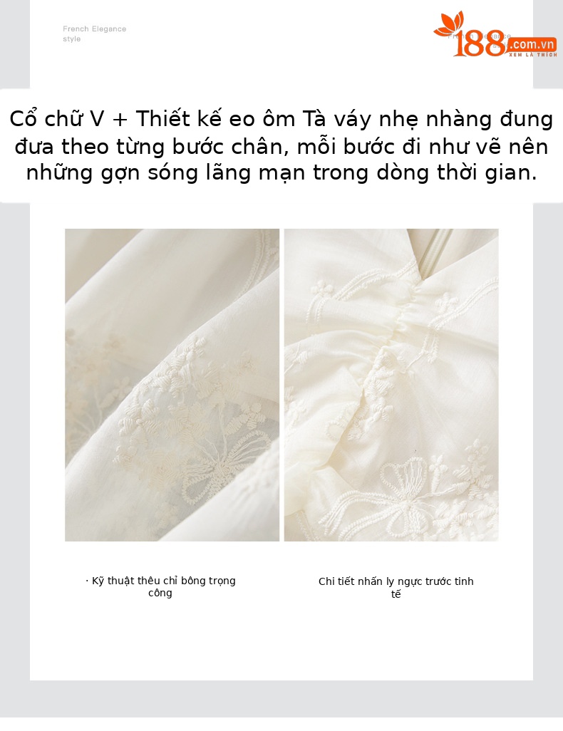 Đầm maxi nữ cổ chữ V thêu ren Tencel dáng dài mùa hè — Màu trắng chi tiết 5