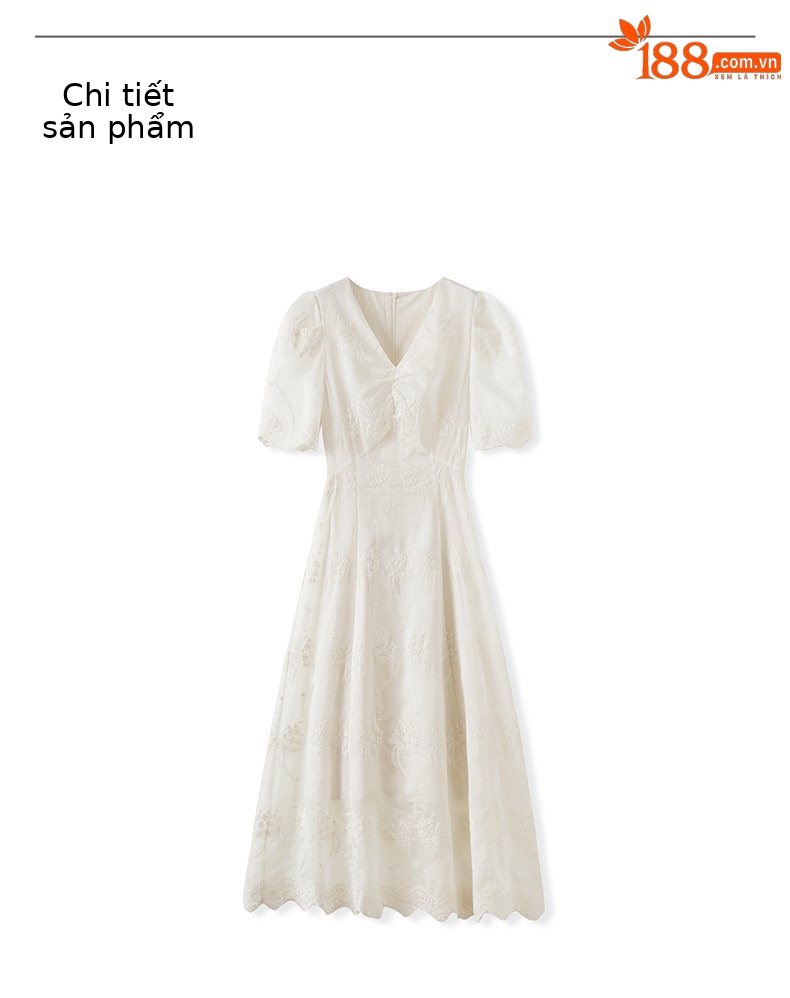 Đầm maxi nữ cổ chữ V thêu ren Tencel dáng dài mùa hè — Màu trắng chi tiết 10
