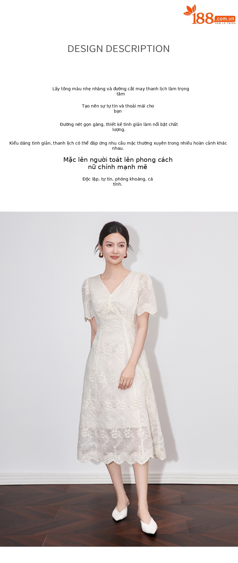 Đầm maxi nữ cổ chữ V thêu ren Tencel dáng dài mùa hè — Màu trắng chi tiết 2